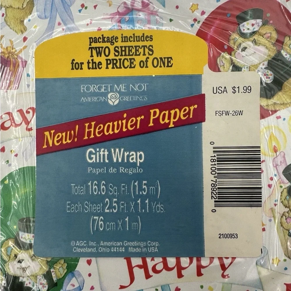 3 Packs New VTG American Greetings Happy Birthday Bears Gift Wrap Sheets